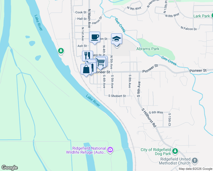 map of restaurants, bars, coffee shops, grocery stores, and more near 116 South 4th Avenue in Ridgefield