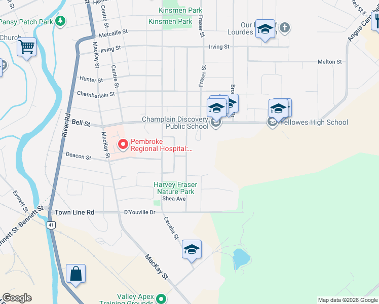 map of restaurants, bars, coffee shops, grocery stores, and more near 607 Elizabeth Street in Pembroke