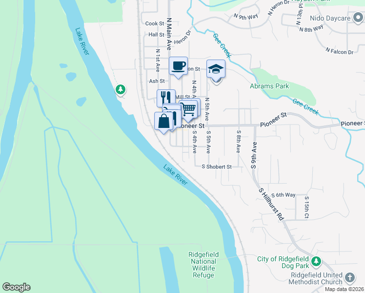 map of restaurants, bars, coffee shops, grocery stores, and more near South 3rd Avenue in Ridgefield