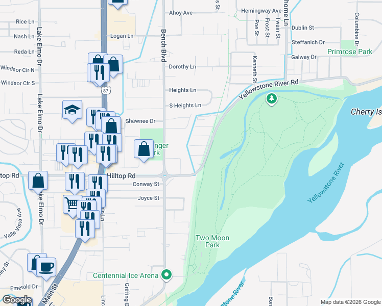 map of restaurants, bars, coffee shops, grocery stores, and more near 922 Yellowstone River Road in Billings