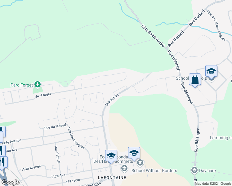 map of restaurants, bars, coffee shops, grocery stores, and more near 2642 Rue Schulz in Saint-Jérôme