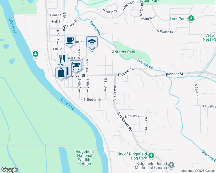 map of restaurants, bars, coffee shops, grocery stores, and more near 206 South 8th Avenue in Ridgefield