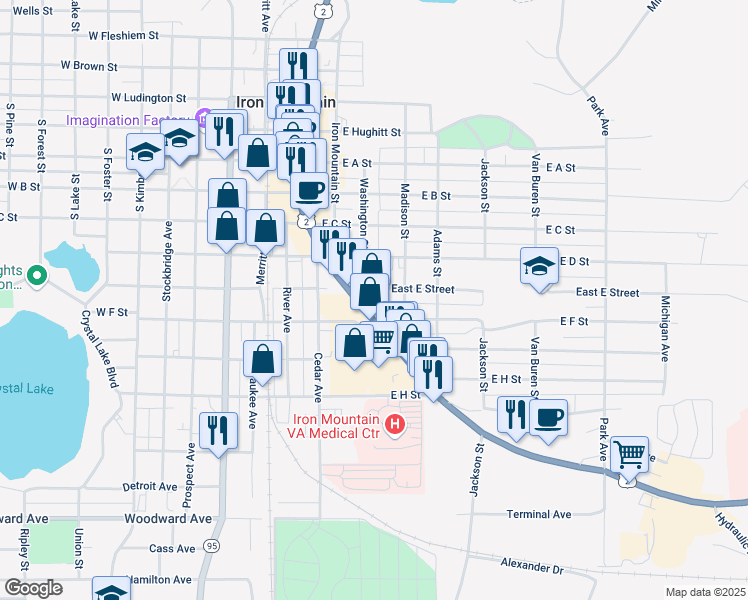 map of restaurants, bars, coffee shops, grocery stores, and more near 829-831 Washington Street in Iron Mountain