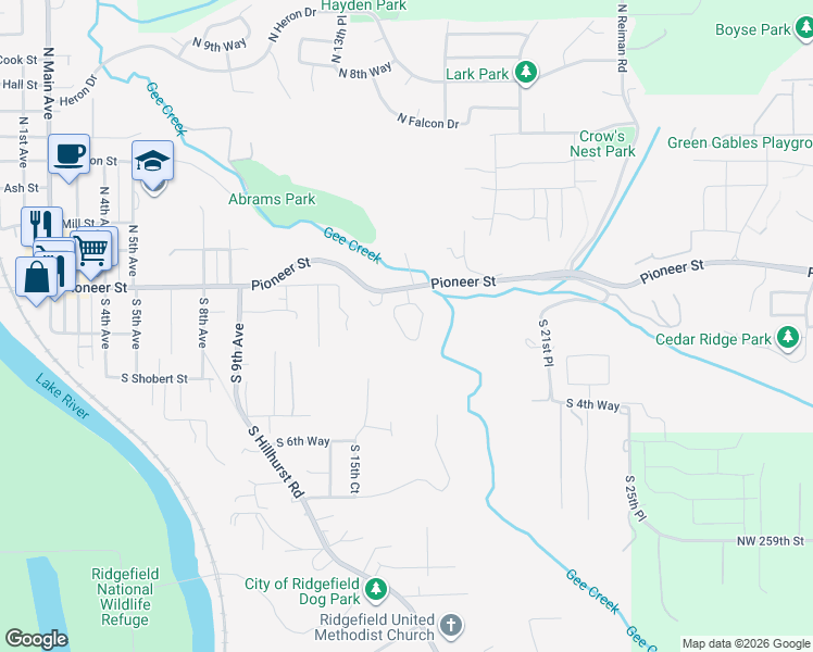 map of restaurants, bars, coffee shops, grocery stores, and more near 28 S Gee Creek Loop in Ridgefield