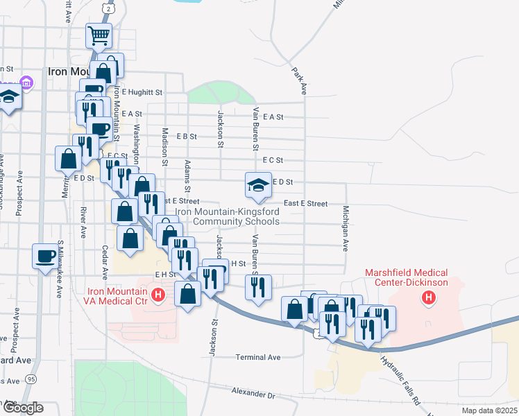 map of restaurants, bars, coffee shops, grocery stores, and more near 800 East E Street in Iron Mountain