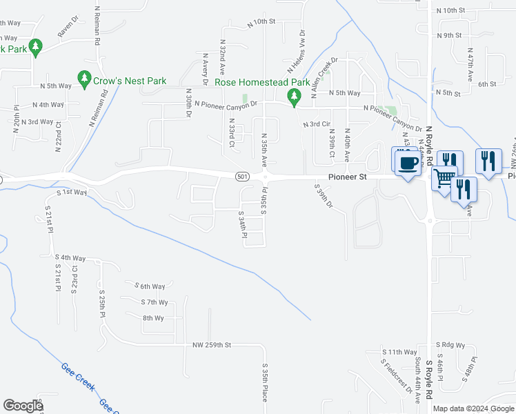 map of restaurants, bars, coffee shops, grocery stores, and more near 3521 South 2nd Way in Ridgefield