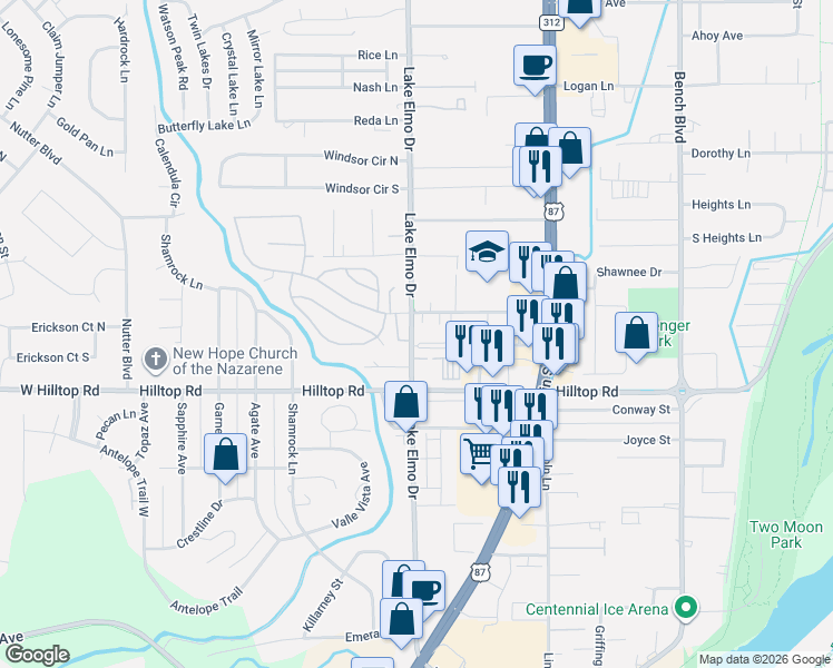 map of restaurants, bars, coffee shops, grocery stores, and more near 412 Milton Road in Billings
