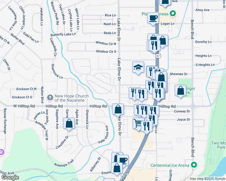 map of restaurants, bars, coffee shops, grocery stores, and more near 6 Prince Charles Drive in Billings