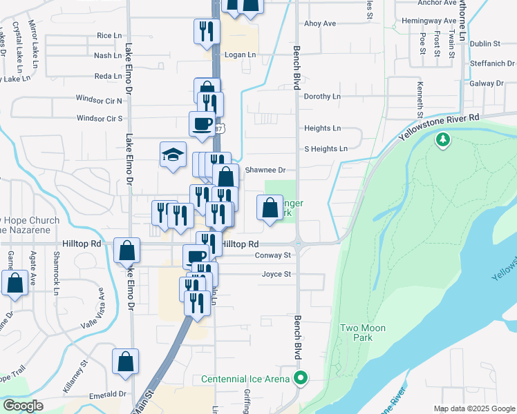 map of restaurants, bars, coffee shops, grocery stores, and more near 836 Radford Square S in Billings