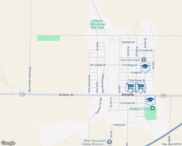 map of restaurants, bars, coffee shops, grocery stores, and more near 358 East High Street in Athena