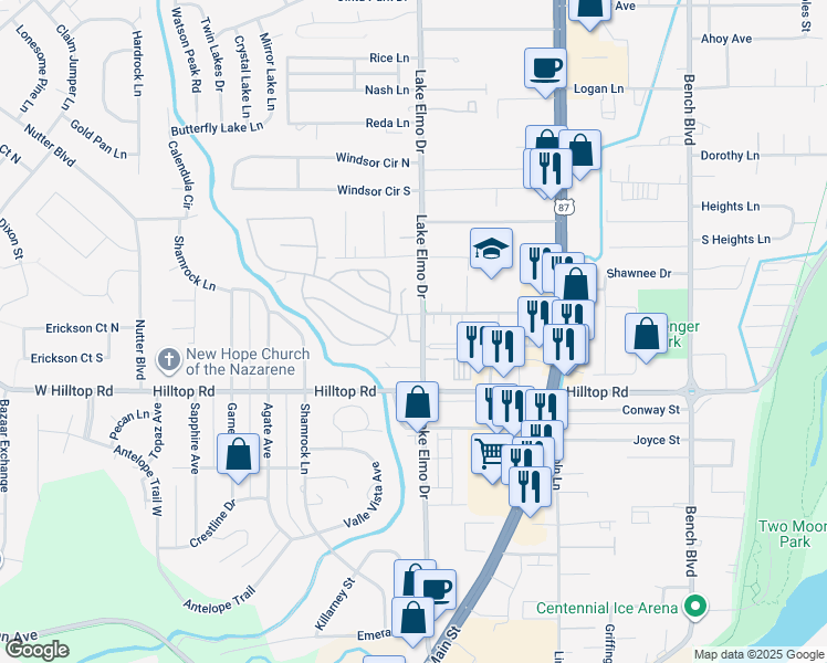 map of restaurants, bars, coffee shops, grocery stores, and more near 6 Prince Charles Drive in Billings