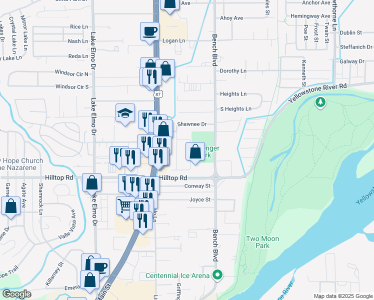 map of restaurants, bars, coffee shops, grocery stores, and more near 836 Radford Square in Billings