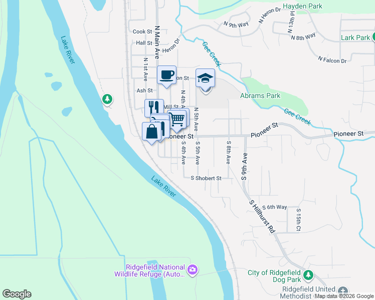 map of restaurants, bars, coffee shops, grocery stores, and more near 116 South 4th Avenue in Ridgefield