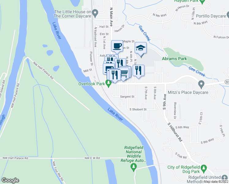 map of restaurants, bars, coffee shops, grocery stores, and more near 105 South 2nd Place in Ridgefield