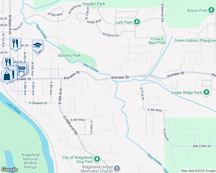 map of restaurants, bars, coffee shops, grocery stores, and more near 32 South Gee Creek Loop in Ridgefield