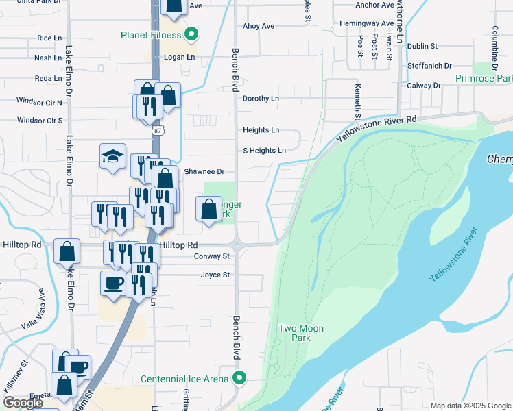 map of restaurants, bars, coffee shops, grocery stores, and more near 843 Bench Blvd in Billings