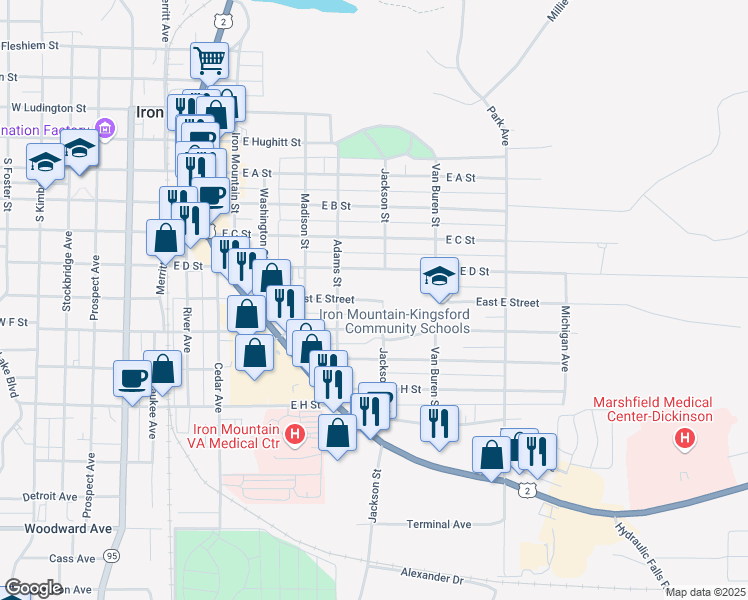 map of restaurants, bars, coffee shops, grocery stores, and more near 800 East E Street in Iron Mountain