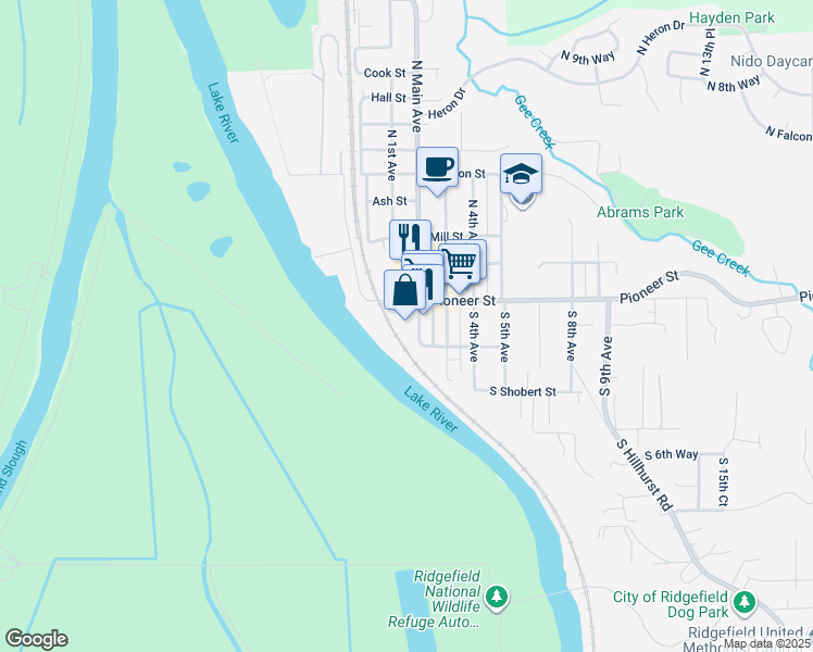 map of restaurants, bars, coffee shops, grocery stores, and more near 113 South Main Avenue in Ridgefield