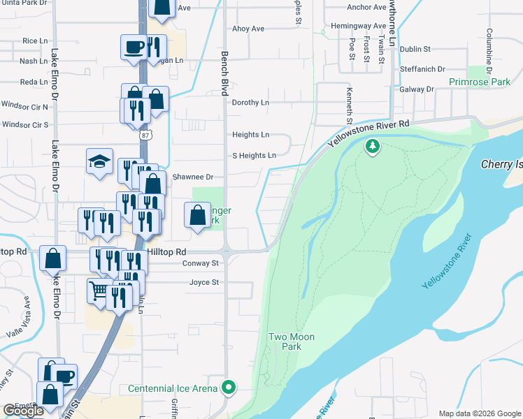 map of restaurants, bars, coffee shops, grocery stores, and more near 922 Yellowstone Avenue in Billings