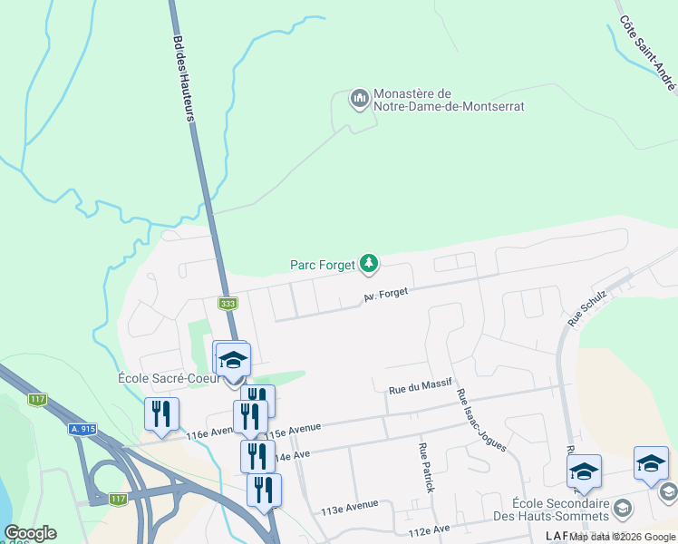 map of restaurants, bars, coffee shops, grocery stores, and more near 163 119e Avenue in Saint-Jérôme
