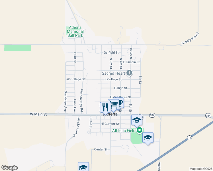 map of restaurants, bars, coffee shops, grocery stores, and more near 233 East High Street in Athena