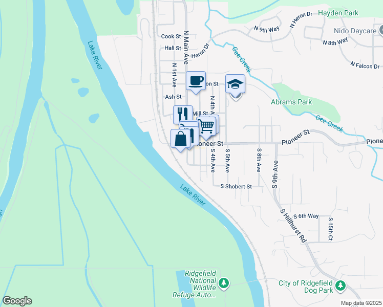 map of restaurants, bars, coffee shops, grocery stores, and more near 113 South Main Avenue in Ridgefield