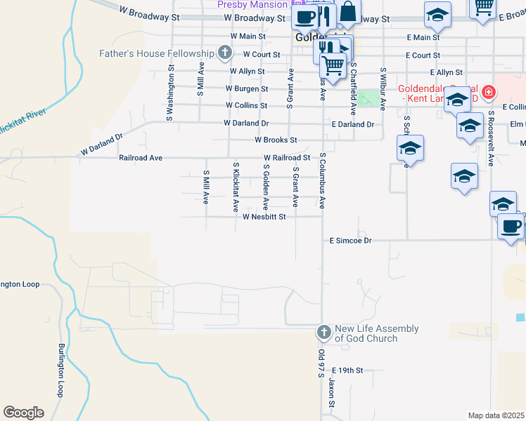 map of restaurants, bars, coffee shops, grocery stores, and more near 1013 South Golden Avenue in Goldendale