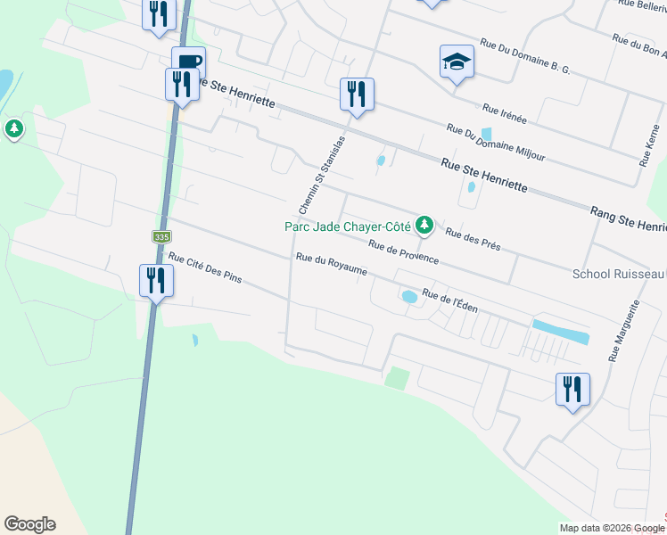 map of restaurants, bars, coffee shops, grocery stores, and more near 726 Rue du Royaume in Saint-Lin-Laurentides