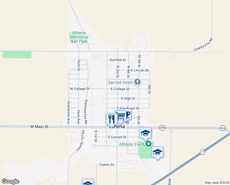 map of restaurants, bars, coffee shops, grocery stores, and more near 233 East High Street in Athena