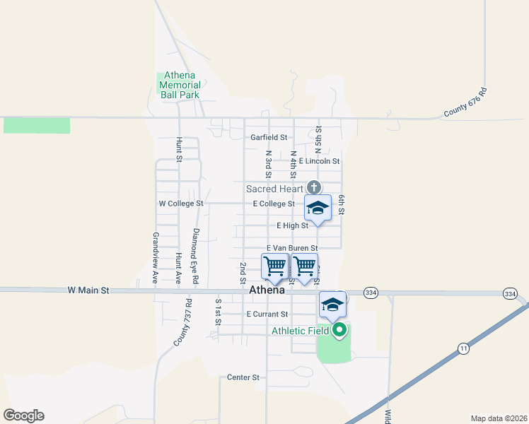 map of restaurants, bars, coffee shops, grocery stores, and more near 444 North 3rd Street in Athena