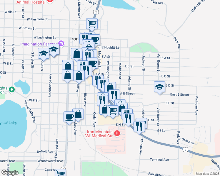 map of restaurants, bars, coffee shops, grocery stores, and more near 829 Washington Street in Iron Mountain