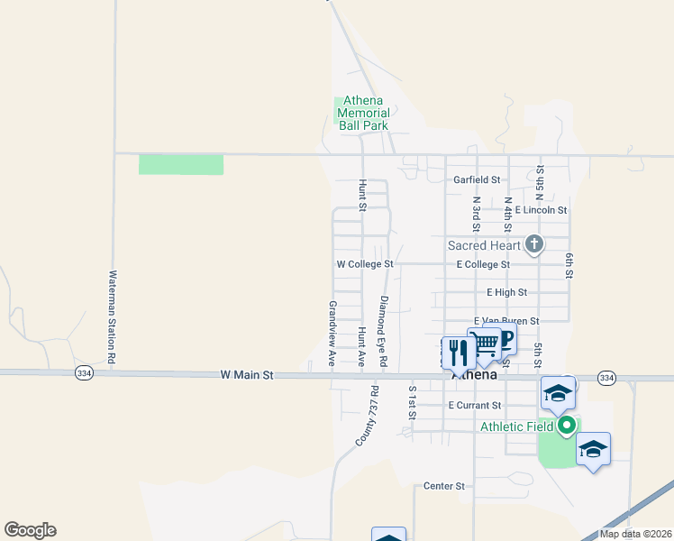 map of restaurants, bars, coffee shops, grocery stores, and more near 360 West College Street in Athena