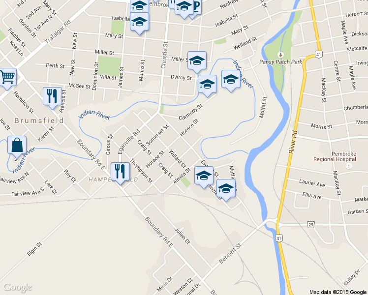 map of restaurants, bars, coffee shops, grocery stores, and more near 439 Horace Street in Pembroke