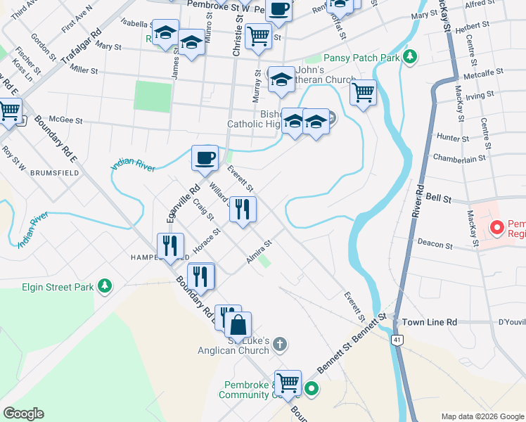 map of restaurants, bars, coffee shops, grocery stores, and more near 454 Norman Street in Pembroke