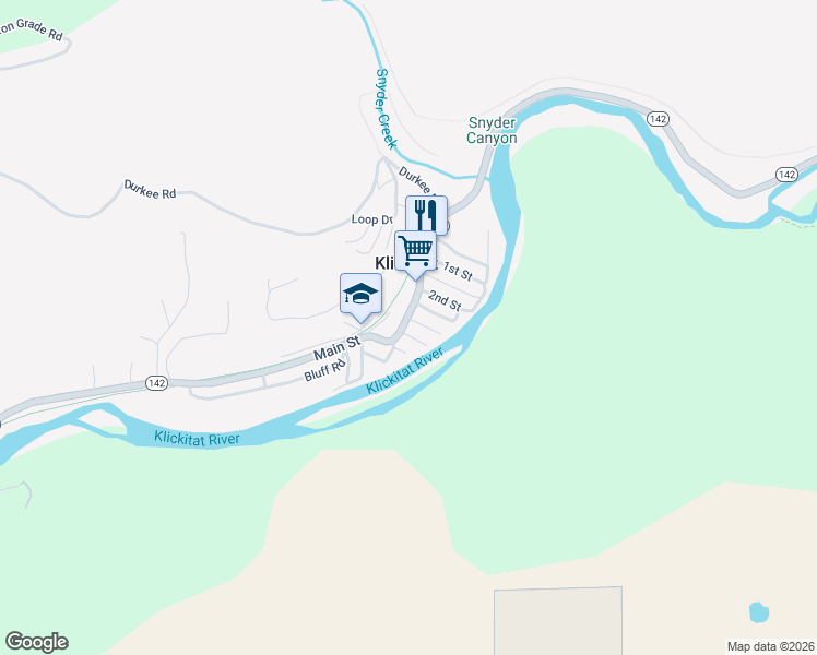 map of restaurants, bars, coffee shops, grocery stores, and more near 202 2nd Street in Klickitat