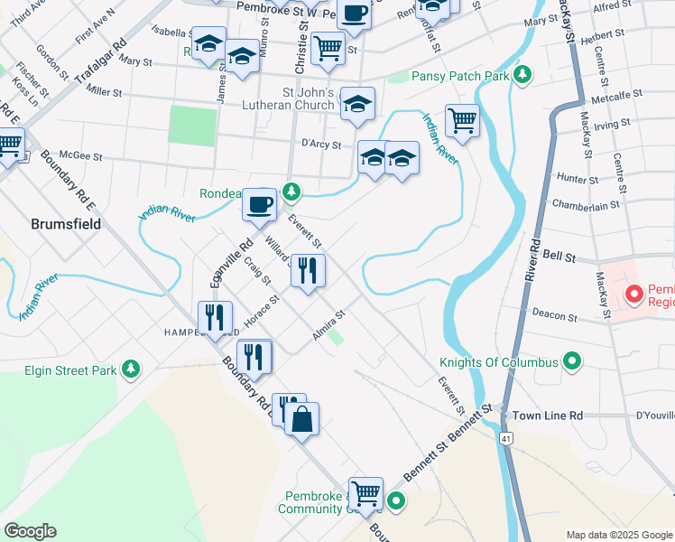 map of restaurants, bars, coffee shops, grocery stores, and more near 304 Everett Street in Pembroke
