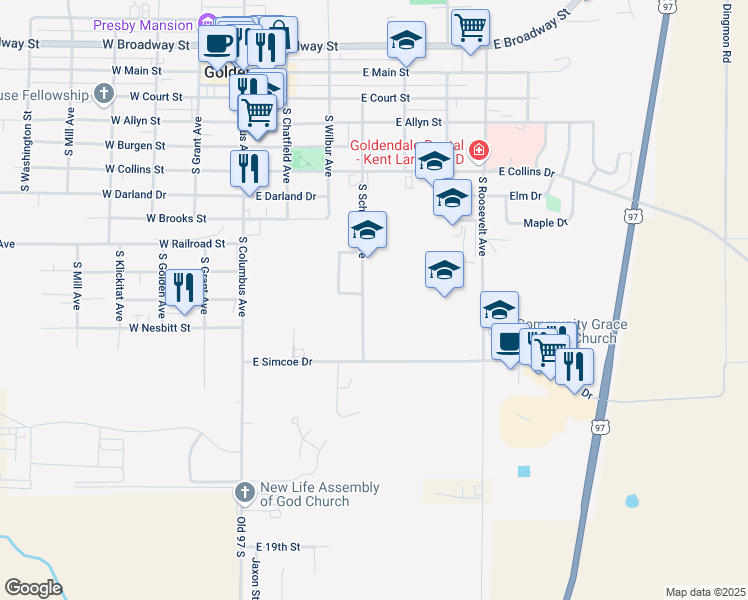 map of restaurants, bars, coffee shops, grocery stores, and more near 920 South Schuster Avenue in Goldendale