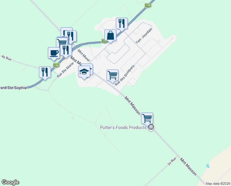 map of restaurants, bars, coffee shops, grocery stores, and more near 313 Montée Masson in Sainte-Sophie