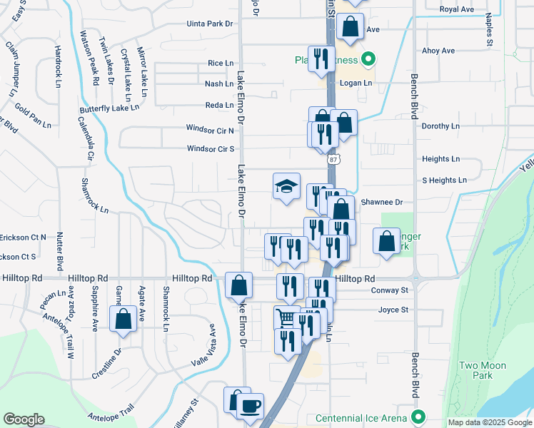 map of restaurants, bars, coffee shops, grocery stores, and more near 904 Rex Lane in Billings