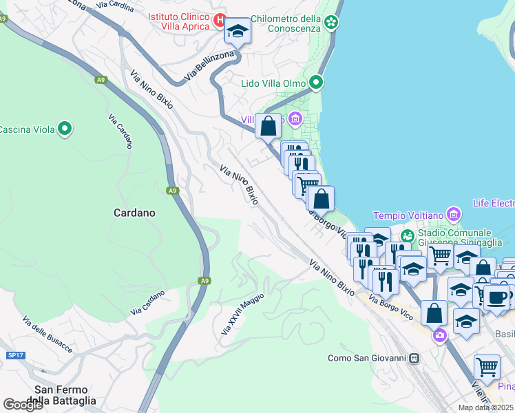 map of restaurants, bars, coffee shops, grocery stores, and more near 36 Via Nino Bixio in Como