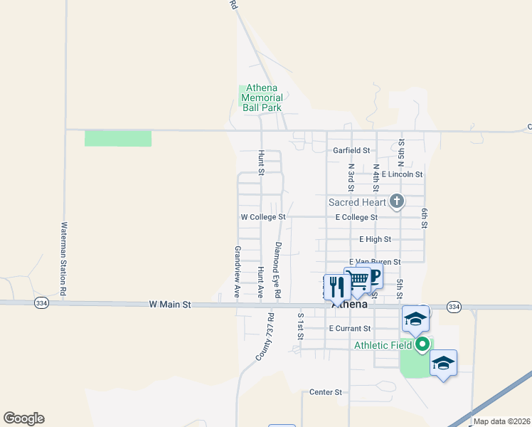 map of restaurants, bars, coffee shops, grocery stores, and more near 253 West College Street in Athena