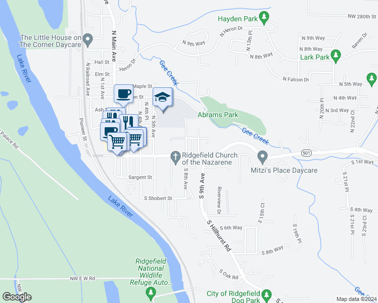 map of restaurants, bars, coffee shops, grocery stores, and more near 802 Pioneer Street in Ridgefield