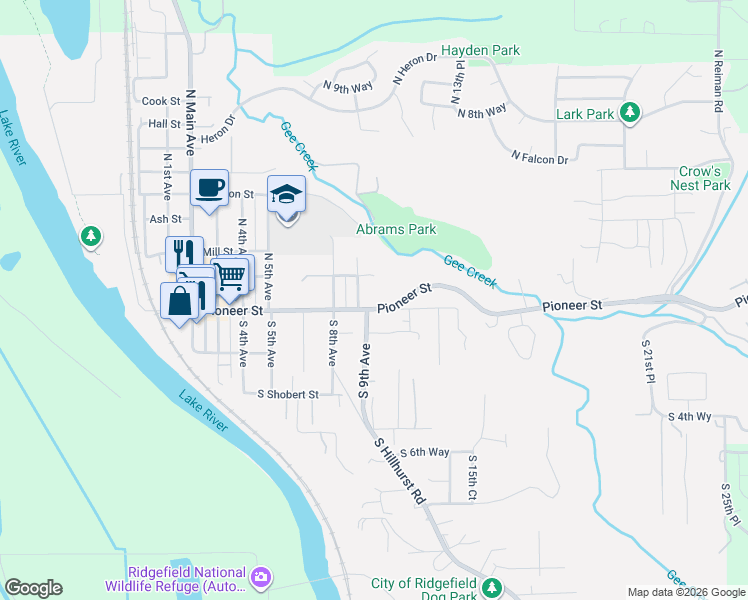 map of restaurants, bars, coffee shops, grocery stores, and more near 112 North 9th Avenue in Ridgefield