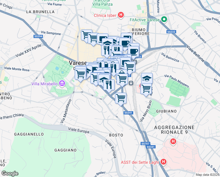 map of restaurants, bars, coffee shops, grocery stores, and more near 6 Piazza della Repubblica in Varese
