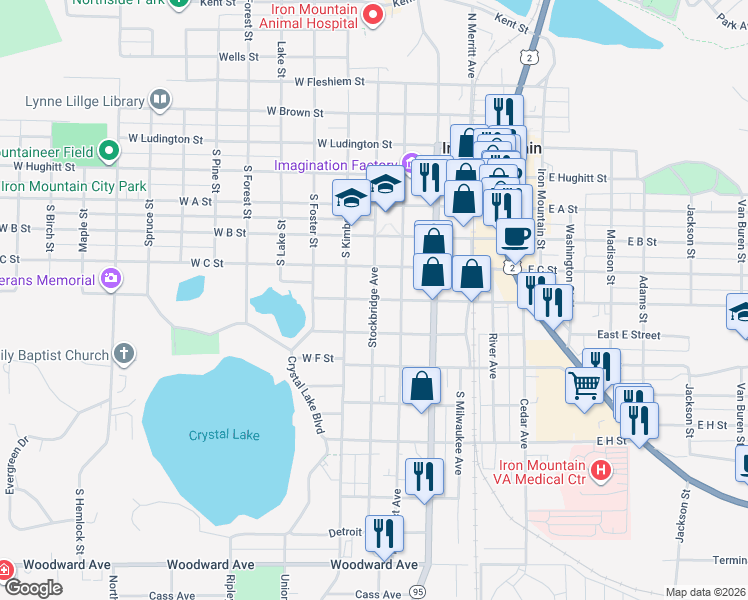 map of restaurants, bars, coffee shops, grocery stores, and more near Stockbridge Avenue in Iron Mountain