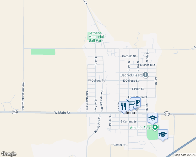 map of restaurants, bars, coffee shops, grocery stores, and more near 253 West College Street in Athena