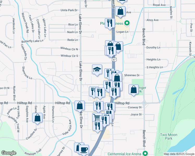 map of restaurants, bars, coffee shops, grocery stores, and more near 505 Milton Road in Billings