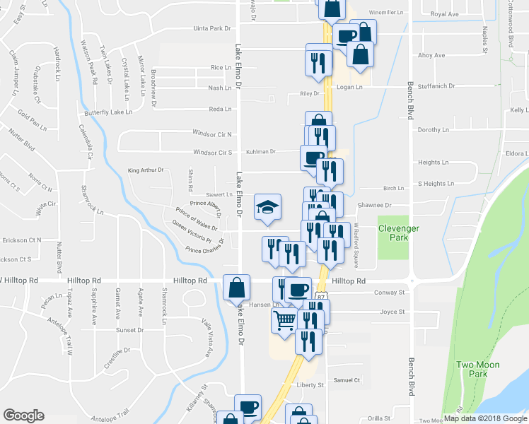 map of restaurants, bars, coffee shops, grocery stores, and more near 916 Rex Lane in Billings