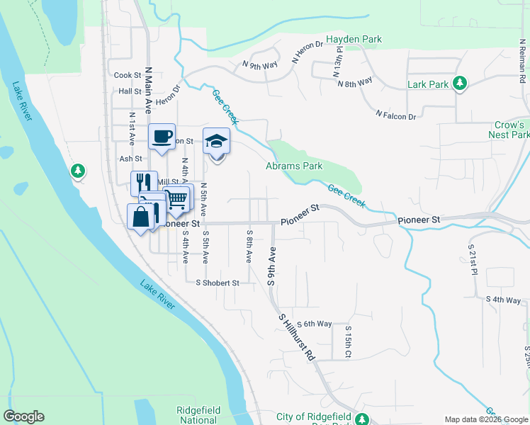 map of restaurants, bars, coffee shops, grocery stores, and more near 112 North 9th Avenue in Ridgefield