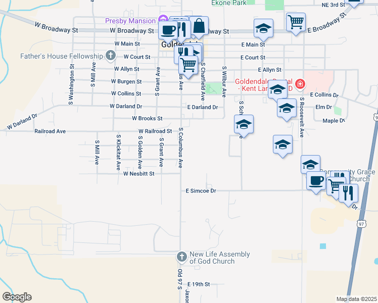map of restaurants, bars, coffee shops, grocery stores, and more near 908-910 South Columbus Avenue in Goldendale